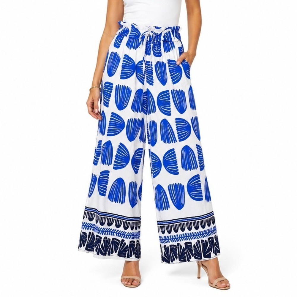 Melloday Wide Leg Pants Womens Large Blue White Shell Print Paperbag Waist NEW - Picture 1 of 10